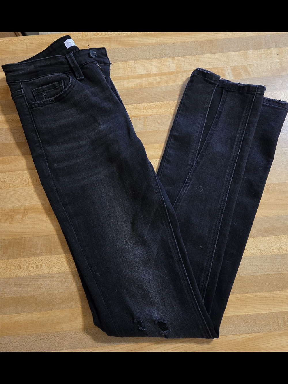 Distressed Straight-Leg Kick Flare Jeans- Black
